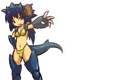  animal_ears armor bikini blue_eyes breasts claws cleavage fangs hitec long_hair midriff moemon navel nidoqueen oerba_yun_fang open_mouth personification pokemon simple_background solo tail 