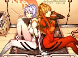  23_(real_xxiii) 2girls adjusting_hair alternate_breast_size ayanami_rei blue_eyes bodysuit bracer breasts commentary crossed_legs cushion english_commentary evangelion:_2.0_you_can_(not)_advance from_side highres holding_leg indoors interface_headset knee_up large_breasts looking_at_viewer multicolored_bodysuit multicolored_clothes multiple_girls neon_genesis_evangelion orange_hair pale_skin pilot_suit plugsuit purple_hair rebuild_of_evangelion red_bodysuit red_eyes science_fiction short_hair sitting skin_tight souryuu_asuka_langley trash trash_can two_side_up white_bodysuit 