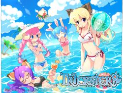  4girls animal_ears armcho arms_up ball beach beachball bikini blonde_hair blue_eyes blue_hair blush_stickers braid breasts bunny_(trickster) bunny_girl bunnygirl cat_(trickster) cat_ears catgirl cleavage closed_eyes cloud cowgirl fox_(trickster) fox_ears foxgirl glasses hat horns innertube long_hair lying multiple_girls open_mouth palm_tree pink_hair purple_hair sheep_(trickster) sheepgirl short_hair side-tie_bikini sky standing straw_hat submerged summer swimsuit tankini tree trickster twin_braids wallpaper water 