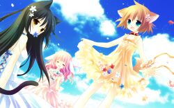  animal_ears blue_eyes bunnygirl catgirl collar doggirl dress ribbons sakurazawa_izumi sky tagme tail yellow_eyes 