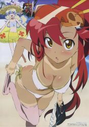  absurdres amber_eyes bare_feet barefoot belt bikini blonde_hair blue_eyes blue_hair blush blush flat_chest gainax hat highres long_hair nia nia_teppelin pink_eyes red_hair red_hair shorts striped stripes swimsuit tan tan_line tanned_skin tengen_toppa_gurren-lagann tengen_toppa_gurren_lagann thigh_highs thighhighs yellow_eyes yoko_littner yoko_littner 