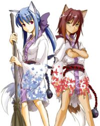  amber_eyes animal_ears bell blue_hair broom brown_hair fox_ears japanese_clothes kimono kitsunemimi long_hair pony_tail ponytail red_eyes short_hair yellow_eyes yogurting 