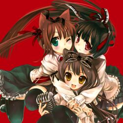  amber_eyes animal_ears black_hair bow brown_hair cat_ears cradle green_eyes long_hair lowres microphone necktie nekomimi pony_tail ponytail red_eyes shirt skirt thigh_highs thighhighs tie twintails twintails uniform white_shirt yellow_eyes 