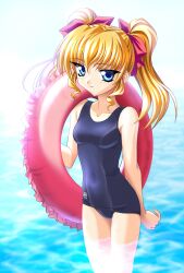  ayu ayu_daikuuji blonde_hair blue_eyes blush bow highres innertube kimi_ga_nozomu_eien long_hair school_swimsuit swimsuit twintails twintails water wet 