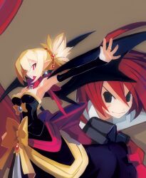  adell adell_(disgaea) bat_wings blonde_hair blush blush demon disgaea dress elf long_hair pointy_ears red_eyes red_hair rozalin wings 