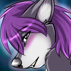 1:1 2012 ambiguous_gender anthro black_nose blush canid canine canis digital_media_(artwork) fur grey_body grey_fur hair icon jess_(teckly) looking_at_viewer low_res mammal purple_eyes purple_hair smile solo white_body white_fur wolf wolflady