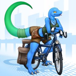 1:1 2013 3_toes abstract_background amber_eyes ammunition anole anthro barefoot bent_over bicycle big_claws biped blue_anole blue_body blue_skin bottomwear breasts building claws cleavage clothed clothing crossed_arms cycling eliza_(vader-san) feet female fingerless_gloves forked_tongue furgonomics gloves grey_claws hairless handwear hi_res jewelry lizard looking_at_viewer naughty_face necklace non-mammal_breasts on_one_leg paws pose reptile scalie seductive shirt shorts simple_background skimpy smile solo standing street tail tail_clothing teeth toe_claws toes tongue tongue_out topwear vader-san vehicle wheel