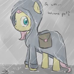 1:1 blue_eyes clothing english_text equid equine female feral fluttershy_(mlp) friendship_is_magic fur hair hasbro hoodie horse long_hair looking_at_viewer looking_back mammal my_little_pony outside pink_hair pony question_mark raining signature simple_background solo speccysy text topwear yellow_body yellow_fur