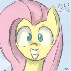 1:1 blue_eyes english_text equid equine female fluttershy_(mlp) friendship_is_magic fur hair hasbro headshot_portrait horse long_hair looking_at_viewer mammal my_little_pony pink_hair pony portrait question_mark signature simple_background smile solo speccysy teeth text yellow_body yellow_fur