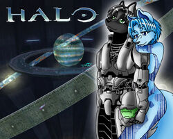 5:4 armor blue_eyes canid canine canis devanachan duo female green_eyes halo_(device) halo_(series) headgear helmet male mammal microsoft smile wolf xbox_game_studios