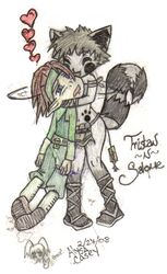 anthro clothed clothing colored crazedsilverfox dominant dominant_female duo elf female footprint heart_symbol hug humanoid love mammal markings nymph pawprint pawprint_(marking) procyonid raccoon sad salome_(sokora_refugees) skimpy smile sokora_refugees tristan_(sokora_refugees)