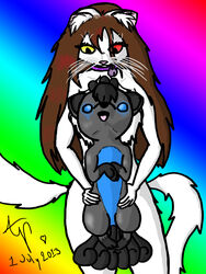 2013 3:4 alternate_color anthro blue_body blue_eyes blue_fur brown_hair canid canine collar domestic_cat duo fan_character felid feline felis female feral fur generation_1_pokemon grey_body grey_fur hair heterochromia hi_res looking_at_viewer mammal multi_tail nintendo nude open_mouth pokemon pokemon_(species) rainbow_background red_eyes simple_background smile tail tongue unknown_artist veis vulpix white_body white_fur yellow_eyes