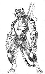 anthro armor brett_booth bronze_tiger_(character) dc_comics felid male mammal melee_weapon monochrome pantherine solo stripes sword tiger weapon