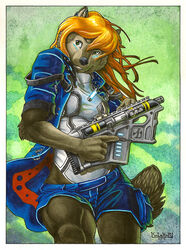 2013 anthro blonde_hair bottomwear breasts canid canine canis clothing female green_eyes gun hair holding_gun holding_object holding_ranged_weapon holding_weapon jacket jensca jewelry kalahari mammal marker_(artwork) markings mixed_media necklace painting_(artwork) portrait ranged_weapon shorts solo three-quarter_portrait topwear traditional_media_(artwork) trigger_discipline watercolor_(artwork) weapon weaver_rail wolf