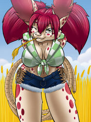 anthro big_breasts bottomwear breasts cleavage clothed clothing dark_nurse female field green_eyes lagomorph leporid looking_at_viewer mammal one_eye_closed rabbit rope seductive shirt shorts skimpy smile solo tied_shirt topwear wink