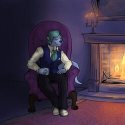 1:1 alcohol anthro beverage biped blue_body blue_fur bottomwear candelabra candle chair classy clothed clothing container cup dress_shirt fire fireplace footwear front_view fully_clothed fur furniture hair hand_on_leg holding_container holding_cup holding_glass holding_object looking_at_viewer male mammal marisama mustelid necktie orionotter otter pants seductive shirt shoes short_hair sitting smile solo teal_hair topwear vest