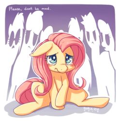 1:1 2013 blush bodily_fluids cutie_mark english_text equid equine female feral fluttershy_(mlp) friendship_is_magic fur green_eyes group hair hasbro horse mammal my_little_pony pink_hair pony scared signature sitting space-kid spread_legs spreading tears text yellow_body yellow_fur