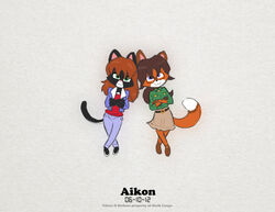 3_toes aikon anklet anthro barefoot black_nose blue_eyes canid canine chibi crossed_arms denim domestic_cat duo english_text feet felid feline felis female fox fur green_eyes hair happy jewelry looking_at_viewer mammal multicolored_body multicolored_fur nekonata pink_nose red_hair simple_background smile stefana_eldon text toes tuxedo_cat two_tone_body two_tone_fur valera_songas