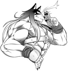 abs ain_macdougal amakuchi anthro armor athletic bandage biceps big_muscles breastplate canid canine canis claws clothed clothing domestic_dog feda:_the_emblem_of_justice fur greyscale grin hair huge_muscles long_hair looking_at_viewer male mammal monochrome muscular muscular_anthro muscular_male nipples pecs pose shoulder_guard simple_background smile solo topless vein white_background wolf