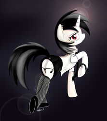 alternative_fashion black_hair bottomwear clothed clothing cutie_mark darkness ear_piercing equid equine female feral fishnet_clothing friendship_is_magic fur goth hair hasbro hooves horn looking_at_viewer looking_back mammal mcsadat multicolored_hair my_little_pony mythological_creature mythological_equine mythology necktie panties piercing raised_hoof red_eyes shirt skirt solo third-party_edit topwear two_tone_hair underwear unicorn vinyl_scratch_(mlp) white_body white_fur