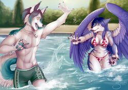 anthro artik_ninetails bikini blue_body blue_fur blue_hair breasts canid canine canis clothed clothing duo feathered_wings feathers female fox fur hair male mammal markings multicolored_hair navel open_mouth pawpads paws skimpy smile splash spookable swimming_trunks swimwear tala_(suntattoowolf) tight_clothing water white_body white_fur wings wolf yellow_eyes