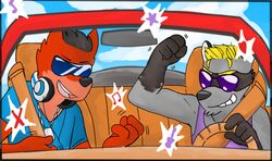 anthro canid canine canis car carper_(vasuki) clothing dog_tags donut_(character) duo electronics eyewear genchi headphones inside_car low_res male mammal music procyonid raccoon shirt sunglasses tank_top topwear vasuki vehicle wolf