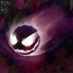 1:1 ambiguous_gender blood blood_from_eye bodily_fluids creepy empty_eyes gastly generation_1_pokemon ghost glowing glowing_eyes glowing_mouth grin nintendo pokemon pokemon_(species) pokemonfromhell purple_background simple_background smile solo sphere_creature spirit undead