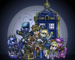 5:4 alicorn amber_eyes amethyst_star_(mlp) blonde_hair blue_body blue_eyes blue_feathers blue_hair blush british_broadcasting_corporation brown_hair canid canine canis clothed clothing coat crossover crown cutie_mark derpy_hooves dinky_hooves_(mlp) doctor_who doctor_whooves_(mlp) domestic_dog dress earth_pony equid equine eyewear feathered_wings feathers female feral footwear friendship_is_magic fur grey_body grey_feathers grey_fur group hair hasbro hat headgear headwear hi_res horn horse jack_harkness_(doctor_who) jack_harkness_(mlp) k-9_(doctor_who) legwear long_hair machine male mammal multicolored_hair my_little_pony mythological_creature mythological_equine mythology necktie open_mouth pegasus pony pose princess princess_luna_(mlp) purple_hair robot robot_dog royalty saturnspace sitting smile socks standing tardis teeth top_hat topwear two_tone_hair unicorn wings yellow_eyes