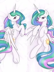 2013 3:4 alicorn bird&#039;s-eye_view blush cutie_mark dakimakura dakimakura_design equid equine feathered_wings feathers female feral friendship_is_magic fur hair half-closed_eyes hasbro hi_res high-angle_view horn inviting long_hair looking_at_viewer lying mammal multicolored_hair my_little_pony mythological_creature mythological_equine mythology narrowed_eyes on_back on_side pink_eyes princess princess_celestia_(mlp) royalty seductive signature simple_background smile solo spread_wings theparagon white_body white_feathers white_fur wings