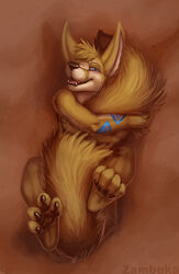 2013 4_toes ambiguous_gender anthro barefoot big_ears big_tail biped bird&#039;s-eye_view black_lips black_nose blue_eyes blush brown_background brown_body brown_fur brown_hair canid canine claws crossed_arms digital_media_(artwork) fangs feet fennec_fox fluffy fluffy_tail fox fur hair half-closed_eyes high-angle_view holding_tail kaiug_nixum legs_up lips looking_at_viewer lying mammal markings narrowed_eyes nude on_back open_mouth pawpads paws simple_background solo tail tail_between_legs tail_hug teeth toes true_fox zambuka