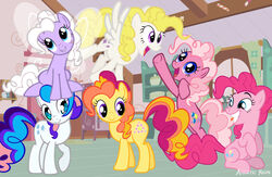 aquaticneon blonde_hair blue_eyes crossover cupcake cutie_mark earth_pony equid equine feathered_wings feathers female feral flutter_pony_(mlp) flying food footprints forget-me-not_(mlp) friendship_is_magic fur g1 gem_blossom_(mlp) gem_eyes gingerbread_(mlp) group hair hasbro hi_res horse looking_at_viewer mammal mlp_g1 mlp_g3 my_little_pony my_little_pony_&#039;n_friends my_little_pony_(2003) my_little_pony_tales mythological_creature mythological_equine mythology on_model party past_meets_present pegasus pink_body pink_eyes pink_fur pink_hair pinkie_pie_(g3) pinkie_pie_(mlp) pony pose pre-g4 purple_body purple_eyes purple_fur recolor_(disambiguation) smile square_crossover store style_emulation surprise_(pre-g4) twinkle-eyed white_body white_feathers white_fur wings