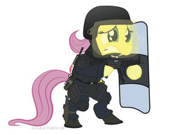 2012 armor astralbeast clothing electronics english_text equid equine explosives female fluttershy_(mlp) friendship_is_magic fur green_eyes grenade grimace gun hair hasbro headgear helmet hi_res horse knee_pads knife mammal my_little_pony pink_hair pony radio ranged_weapon riot_gear riot_police riot_shield scabbard shield simple_background solo tactical_gear text weapon yellow_body yellow_fur