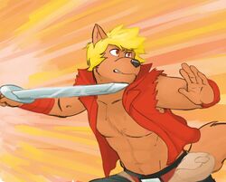 2013 5_fingers action_pose anthro bandage black_nose blade blonde_hair canid canine canis clenched_teeth fanny_pack fingers fur genchi hair hero jaryl_(character) male mammal melee_weapon nipples pose red_eyes scar solo sword teeth weapon wolf