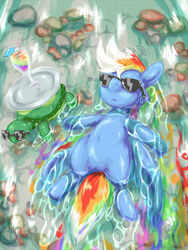 2013 3:4 blue_body blue_feathers blue_fur cutie_mark duo equid equine eyewear feathered_wings feathers female feral friendship_is_magic fur hair hasbro lying mammal multicolored_hair my_little_pony mythological_creature mythological_equine mythology on_back pegasus rainbow_dash_(mlp) rainbow_hair relaxing rigi sunglasses tank_(mlp) water wet wings