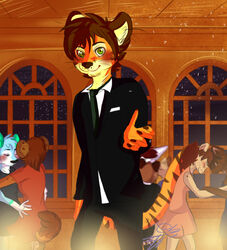 2013 anthro clothed clothing detailed_background felid fully_clothed green_eyes group inside inviting looking_at_viewer male mammal night pantherine pecanbean romantic romantic_ambiance romantic_couple saba sky solo_focus star starry_sky tiger