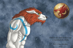 2013 abs ace_stryker anthro athletic biceps biped black_nose blue_body blue_fur brown_hair canid canine canis clothed clothing fangs fur grey_background grey_body grey_fur hair hi_res male mammal mane muscular muscular_anthro mythological_canine mythological_creature mythology nipples pecs pose simple_background solo standing tattoo teeth topless were werecanid werecanine werewolf white_body white_fur wolf wolfen yellow_eyes