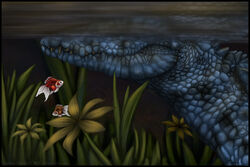 ambiguous_gender banrai blue_body carp crocodile crocodilian crocodylid cyprinid cypriniform digital_media_(artwork) digital_painting_(artwork) feral fish group marine partially_submerged perspective reptile scales scalie solo_focus underwater water