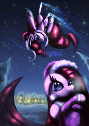 2013 blue_eyes clothing cool_colors duo earmuffs earth_pony equid equine female feral flying friendship_is_magic fur hair hasbro hat headgear headwear hi_res horse ice_skates mammal my_little_pony night outside pink_body pink_fur pink_hair pinkamena_(mlp) pinkie_pie_(mlp) pony sky smile snow square_crossover star starry_sky zolombo