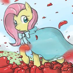 1:1 blue_eyes clothed clothing cloud day equid equine female feral fields flower fluttershy_(mlp) friendship_is_magic fur grass hair hasbro hood horse long_hair looking_back mammal my_little_pony outside petals pink_hair plant pony ribbons rose_(flower) sky solo speccysy wind yellow_body yellow_fur