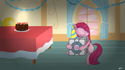 16:9 2013 black_forest_cake bodily_fluids cake candle closed_eyes clothing crossover crying cuddling cutie_mark dark dessert detailed_background earth_pony equid equine female feral food friendship_is_magic fur hair hasbro hat headgear headwear heart_symbol hi_res horse hug inanimate_object inside mammal mcsadat my_little_pony party party_hat pink_body pink_fur pink_hair pinkamena_(mlp) pinkie_pie_(mlp) pony portal_(series) sad signature sitting solo tears the_cake valve weighted_companion_cube widescreen window