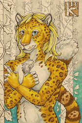 blonde_hair blue_eyes chest_tuft clothed clothing felid female fur hair jaguar kirsch long_hair looking_at_viewer mammal pantherine solo topless tuft