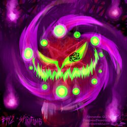 1:1 ambiguous_gender blood bodily_fluids colorful_theme creepy digital_media_(artwork) fire generation_4_pokemon ghost green_eyes grin headshot_portrait icon inverted_pentagram looking_at_viewer monster nintendo occult_symbol odd_keystone pentagram pink_theme pokemon pokemon_(species) pokemonfromhell portrait purple_background purple_theme rock simple_background smile solo spirit spiritomb surreal symbol undead will-o&#039;-the-wisp