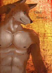 abs abstract_background anthro biceps biped brown_body brown_fur brown_nose canid canine claws clothed clothing fox fur green_eyes grin kogawa_kenji male mammal muscular muscular_anthro muscular_male nipples pecs pose simple_background smile solo standing tan_body tan_fur topless white_body white_fur