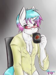 3:4 anthro binary blind blouse breasts chair cleavage clothed clothing container cup disability equid equine eyewear fan_character female fur furniture glasses hasbro holding_container holding_cup holding_object horn looking_at_viewer mammal my_little_pony mythological_creature mythological_equine mythology netrunner signature simple_background solo topwear unicorn vixy_(artist) white_body white_fur