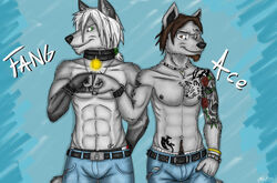 2013 abs ace_stryker anthro athletic bottomwear bracelet brown_eyes canid canine canis clothed clothing collar denim denim_bottomwear denim_clothing dog_tags duo eyewear facial_hair fist_bump gesture glasses green_eyes hair hi_res jeans jewelry male mammal nipples pants tattoo topless wolf