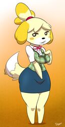 animal_crossing anthro blush bottomwear breasts canid canine canis clothing domestic_dog featureless_feet featureless_hands feet female hair isabelle_(animal_crossing) looking_at_viewer mammal multicolored_hair nintendo pencil_skirt shih_tzu skirt slypon smile solo toy_dog two_tone_hair