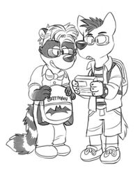 anthro backpack batman_(series) black_nose bow_(feature) bow_tie canid canine canis dc_comics duo eyewear genchi glasses male mammal monochrome neil_(character) nerd procyonid raccoon tabasco_(character) vasuki wolf