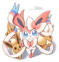 accessory ambiguous_gender blue_eyes bow_ribbon bow_tie brown_body brown_eyes brown_fur canid canine eevee eeveelution feral fur generation_1_pokemon generation_6_pokemon group hair_accessory hair_ribbon hairbow looking_at_viewer mammal nintendo open_mouth pokemon pokemon_(species) ribbons simple_background smile sylveon wataame white_background