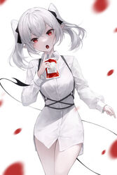  absurdres black_ribbon blood collared_shirt commentary crystalherb female hair_ribbon highres long_sleeves looking_at_viewer open_mouth original pale_skin pointy_ears red_eyes ribbon shirt short_hair simple_background solo standing symbol-only_commentary tail thighs twintails white_background white_shirt 