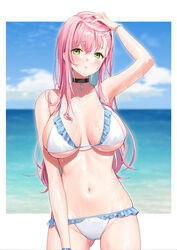  alternate_costume arm_up armpits ass_visible_through_thighs azur_lane bare_arms bare_shoulders bead_bracelet beads bikini black_choker bracelet breasts breasts_apart choker cowboy_shot female frilled_bikini frills green_eyes hair_in_own_mouth halterneck highres jewelry large_breasts long_hair looking_at_viewer memphis_(azur_lane) navel parted_lips pink_hair silveroid skindentation solo standing stomach string_bikini swimsuit wet white_bikini 